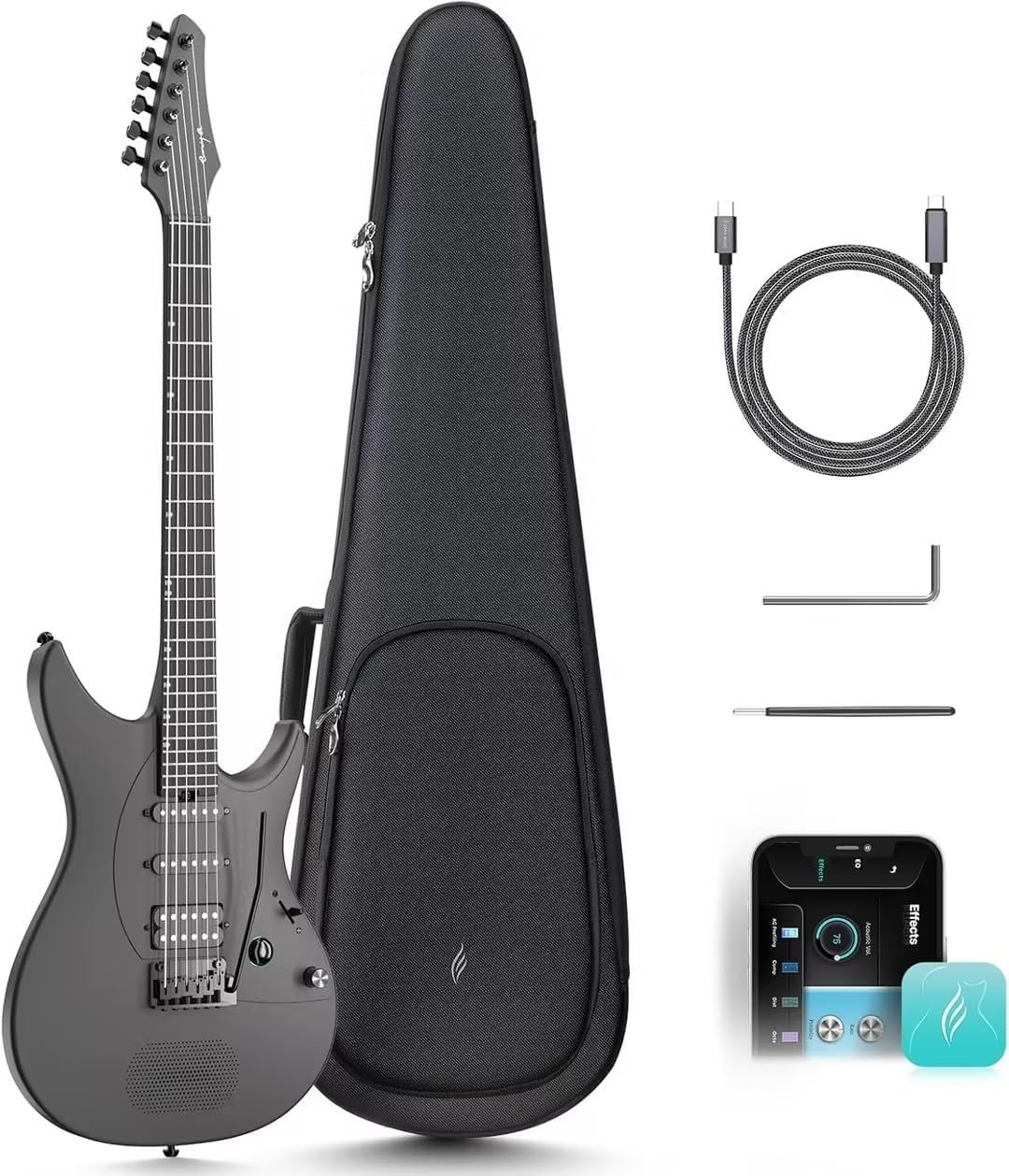 Electric Guitar Inspire 39" Smart Electric Carbon Fiber Guitarra with 15W Wireless Speaker, 20 Distinct Tones, Onboard Presets, Charging Cable, Adjusting Wrench, and Gig Bag