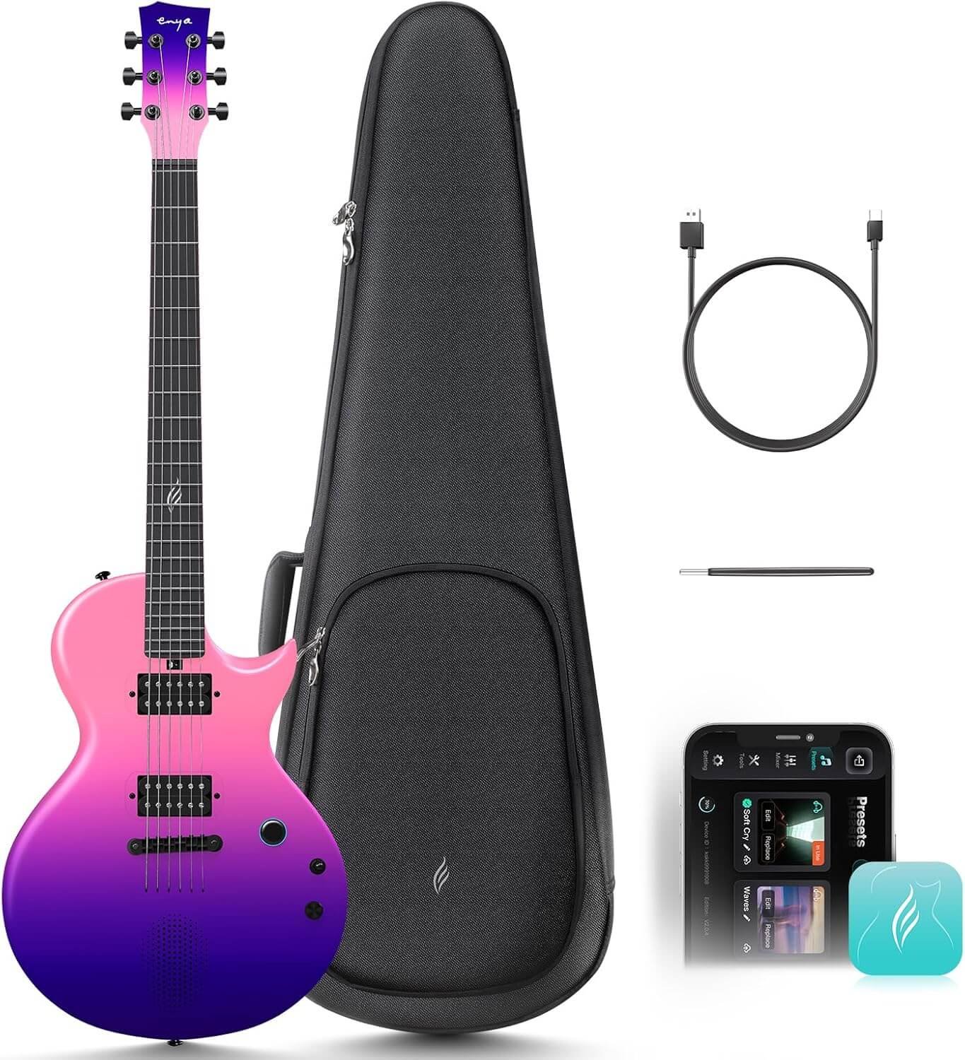 Enya Nova Go Smart Electric Guitar Carbon Fibre Electric Guitar with 10W Wireless Speaker, Built-in Presets, Charging Cable, Adjustment Key and Gig Bag, Cosmic Purple