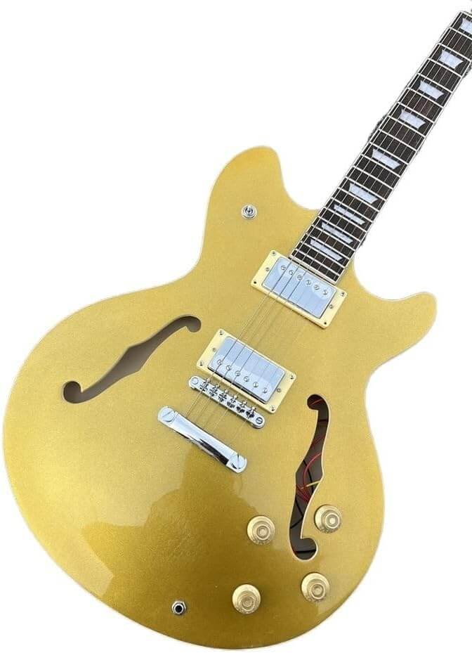 Joebo Custom Jazz Electric Guitar Semi Hollow Body Chrome Hardware Yellow Metal Color Quilte Maple