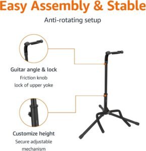 Amazon Basics Height Adjustable Foldable Guitar Stand with Secure Support for Acoustic, Electric, Bass and Banjos, Sturdy