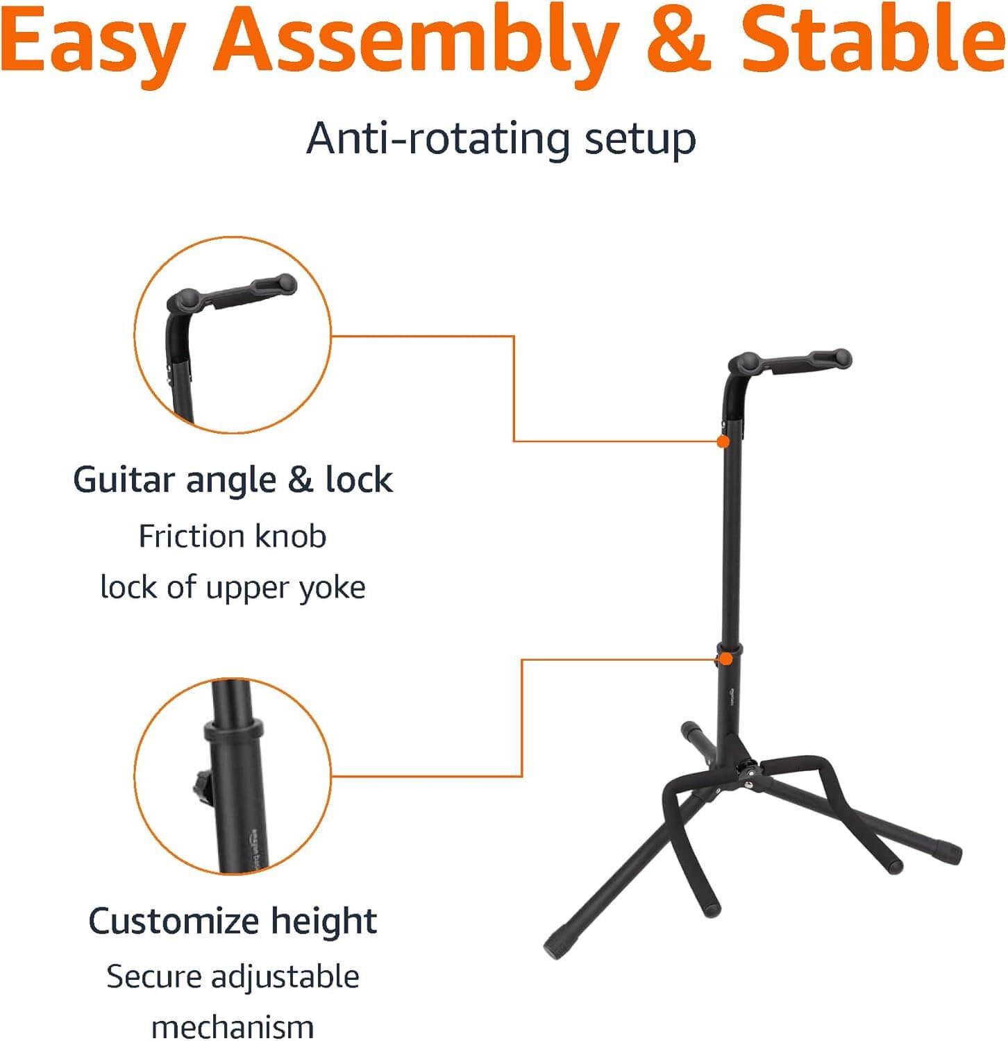 Amazon Basics Height Adjustable Foldable Guitar Stand with Secure Support for Acoustic, Electric, Bass and Banjos, Sturdy