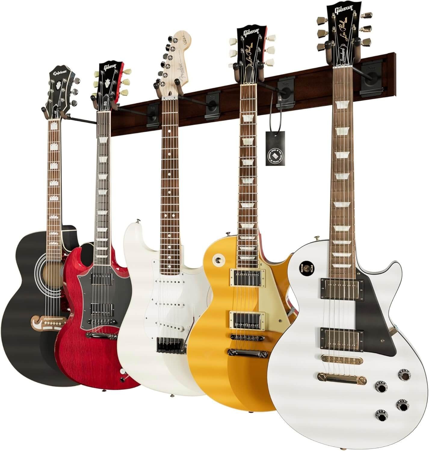 String Swing Guitar Wall Rack - Multiple Guitar Wall Mount - Guitar Organizer for Acoustic & Electric Guitars - 5 Padded Arm Hangers & Copper Slatwall Rail - Wall Mount Guitar Rack - MADE IN USA