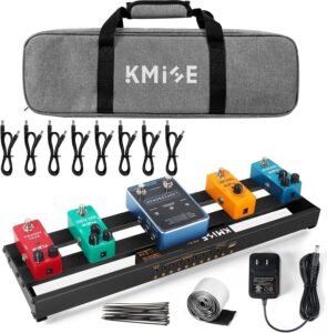 uitar Pedalboard with Built-in Power Supply Pedal Board Aluminium Alloy 1.8lb Lightweight 19x5 Inch Black Pedal Board with Power Supply, Carrying Bag, Guitar Pedal Cable, Hook Tape
