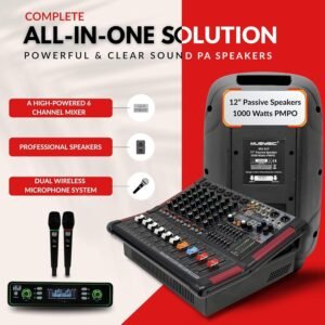 MUSYSIC Portable PA System with Wireless Microphone and Speakers – 6 Ch Audio Mixer with Built-in 2000W Amp & Wireless UHF Microphone System, Multiple Inputs, Complete w/Stands - 12" Speaker 1000W