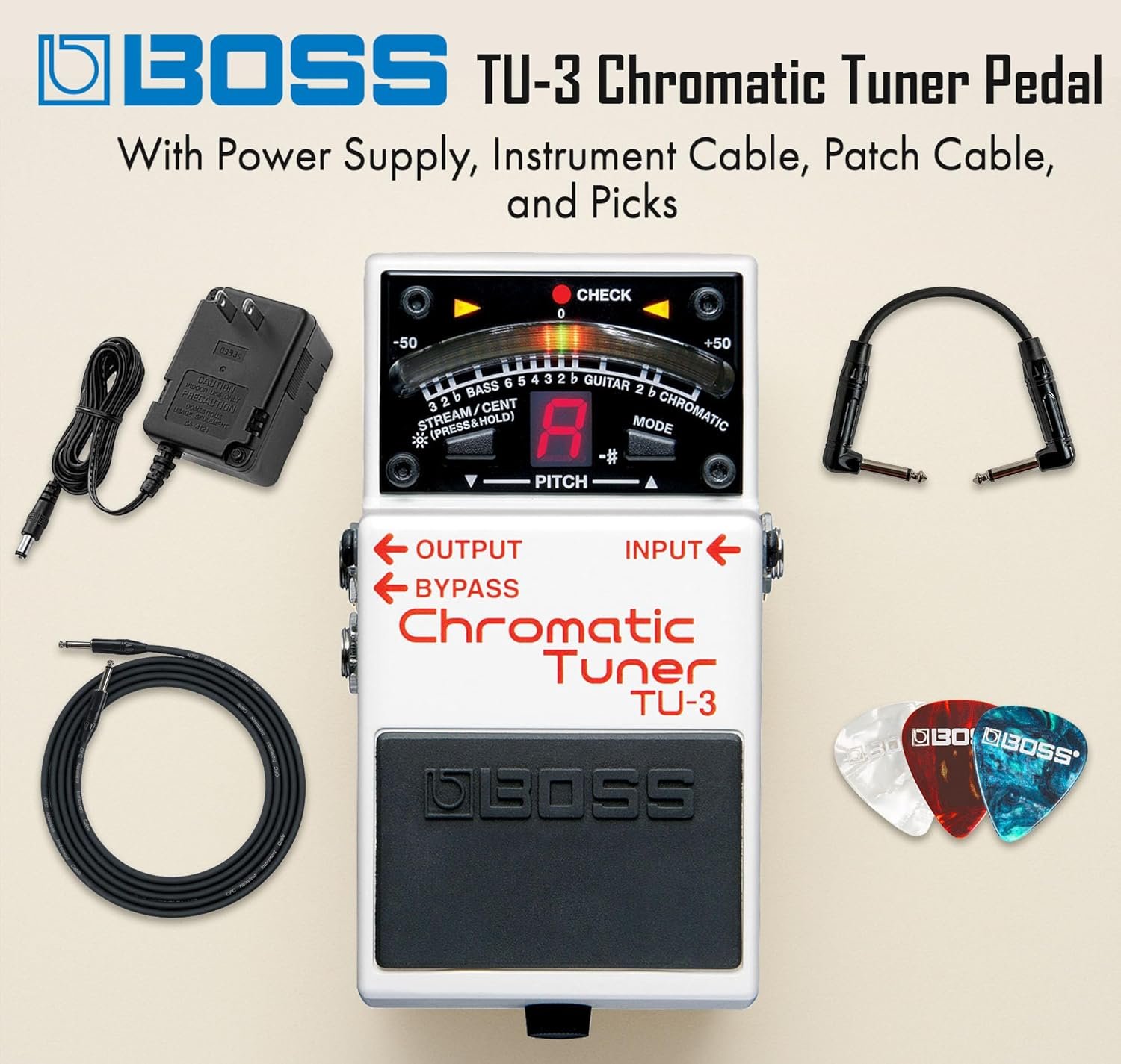 Boss TU-3 Chromatic Tuner Pedal Bundle with Gearlux Power Supply, Instrument Cable, Patch Cable, and Picks