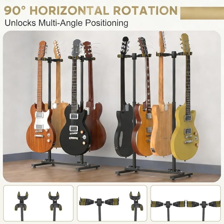 Fulgutonit Guitar Stand for 4 Guitars, Heavy Duty Multi Guitar Holder Stand with Adjustable Height & 90° Gravity-Lock U-Hook, 4 Guitar Rack Floor for Electric, Acoustic, Classical Guitars & Bass