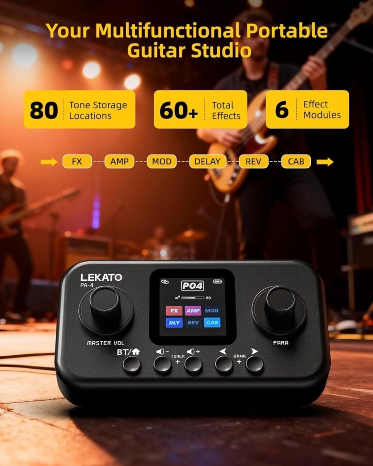 LEKATO portable multi effects pedal with Bluetooth and USB audio interface on a wooden desk next to a guitar.