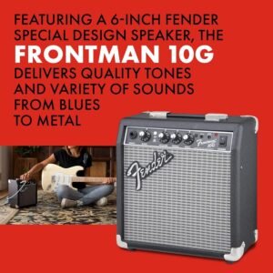 Fender Frontman 10G backup amp sitting on a car passenger seat next to a gig bag