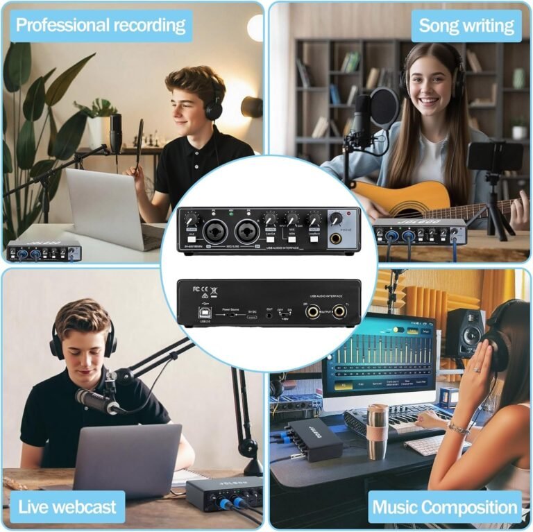 Portable USB audio mixer interface connected to laptop and microphone