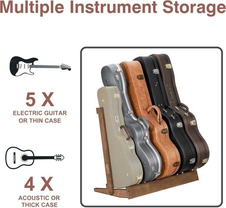 Hardwood 5 guitar wood stand displaying acoustic electric and bass guitars in a recording studio