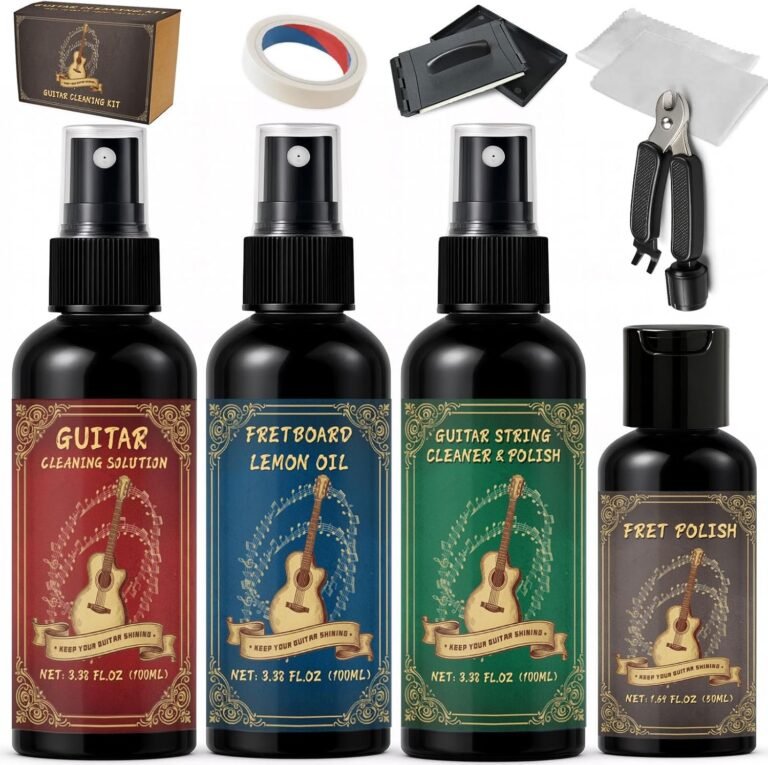 Guitar cleaning kit beside a guitar in a home music room