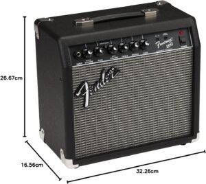 Electric guitarist practising at home with a compact amplifier