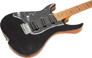 Left-handed electric guitar during a late-night creative session