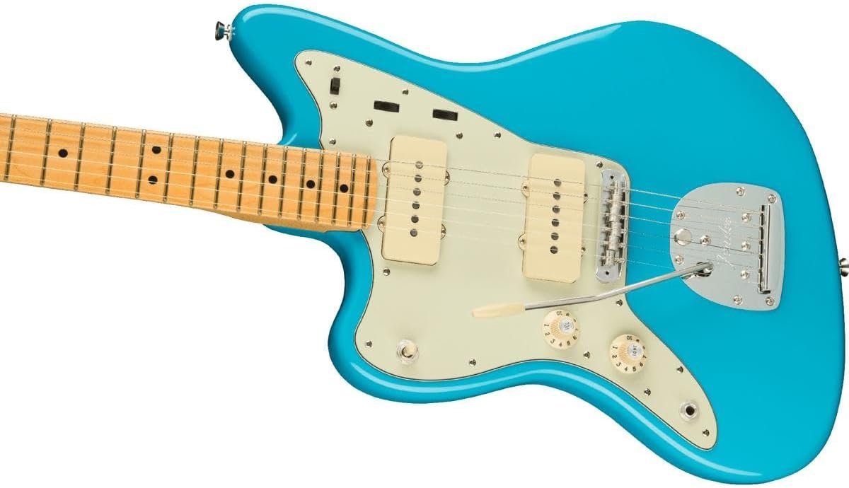 Left‑handed Fender American Professional II Jazzmaster in Miami Blue with maple fingerboard