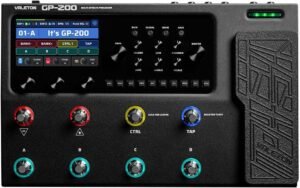 Text Valeton GP-200 multi-effects processor with LCD, expression pedal, and footswitches