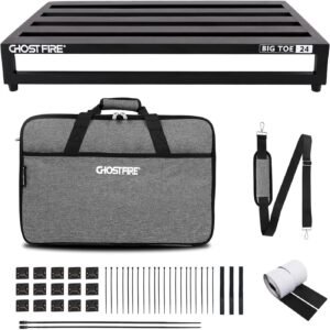 Ghost Fire V-BIG TOE 24 pedalboard with pedals mounted on a grey aluminum surface