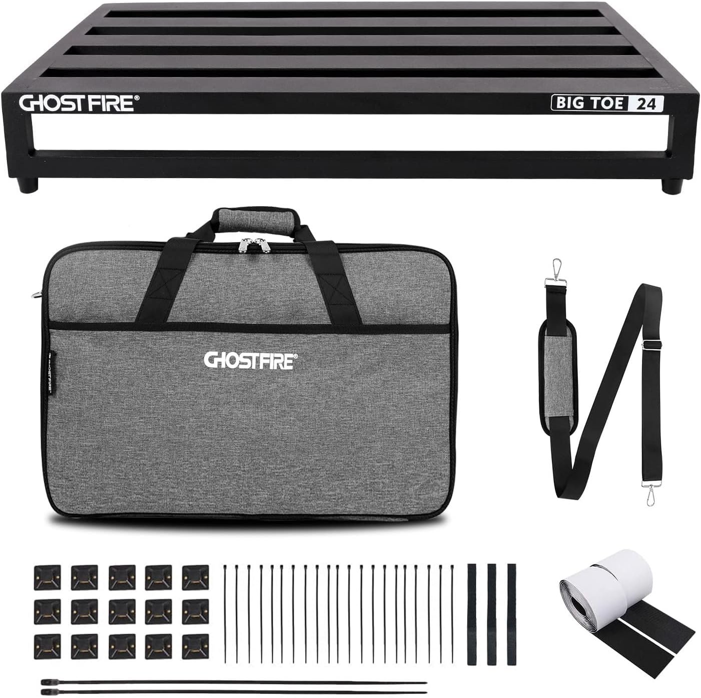 Ghost Fire V-BIG TOE 24 pedalboard with pedals mounted on a grey aluminum surface
