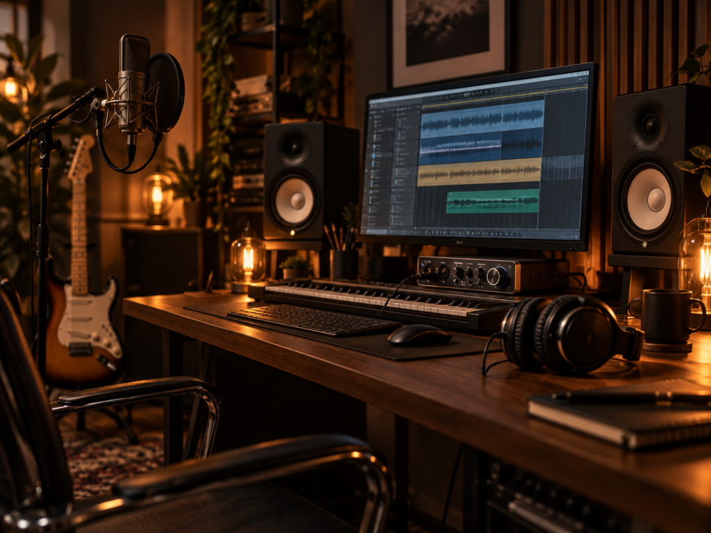 Home studio recording setup with microphone, speakers and computer screen