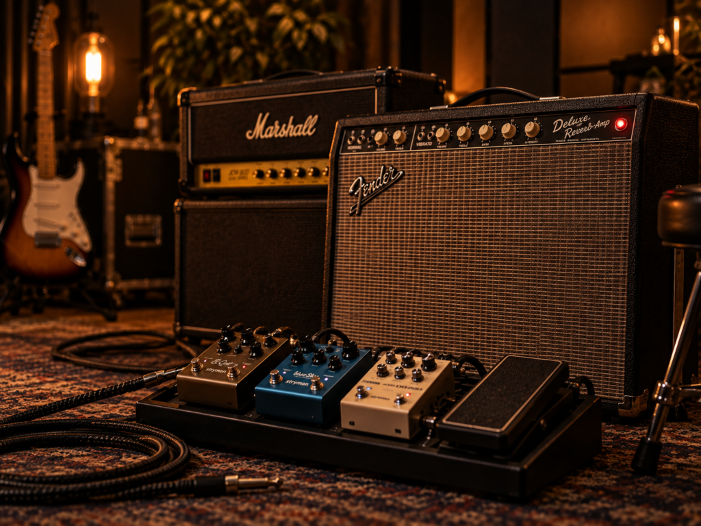 Guitar amplifiers and pedalboard in a warm studio setting