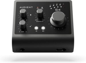 Audient iD4 MKII USB-C audio interface with metal housing, rotary controls and instrument input for home recording