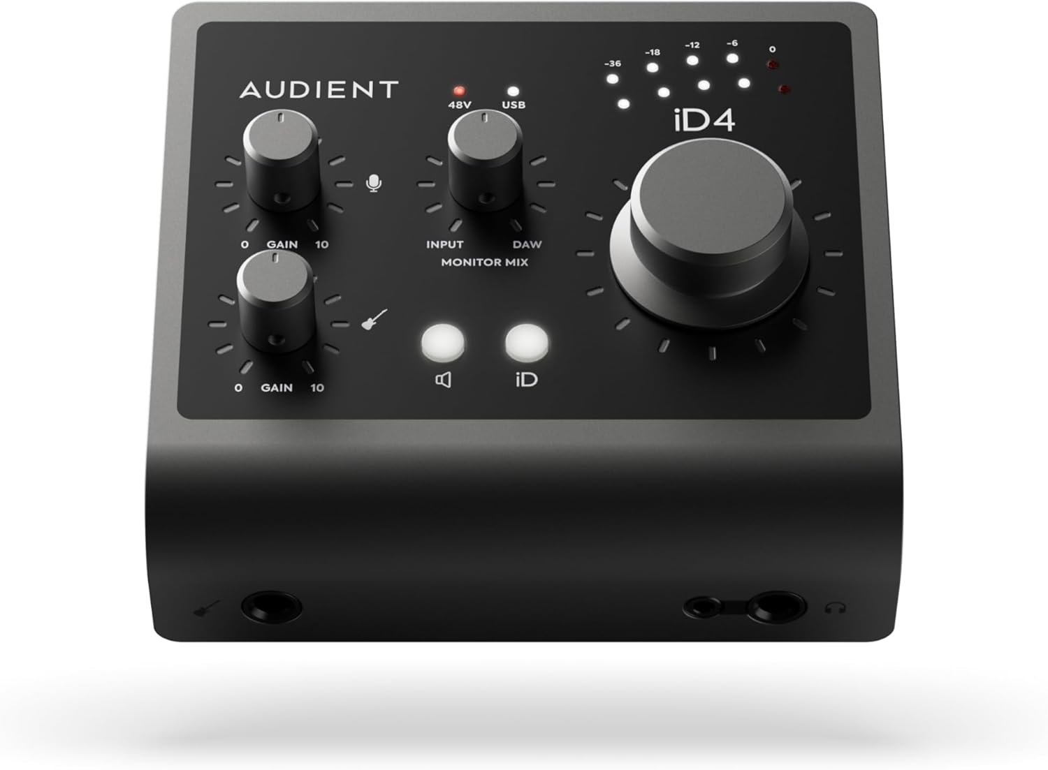 Audient iD4 MKII USB-C audio interface with metal housing, rotary controls and instrument input for home recording