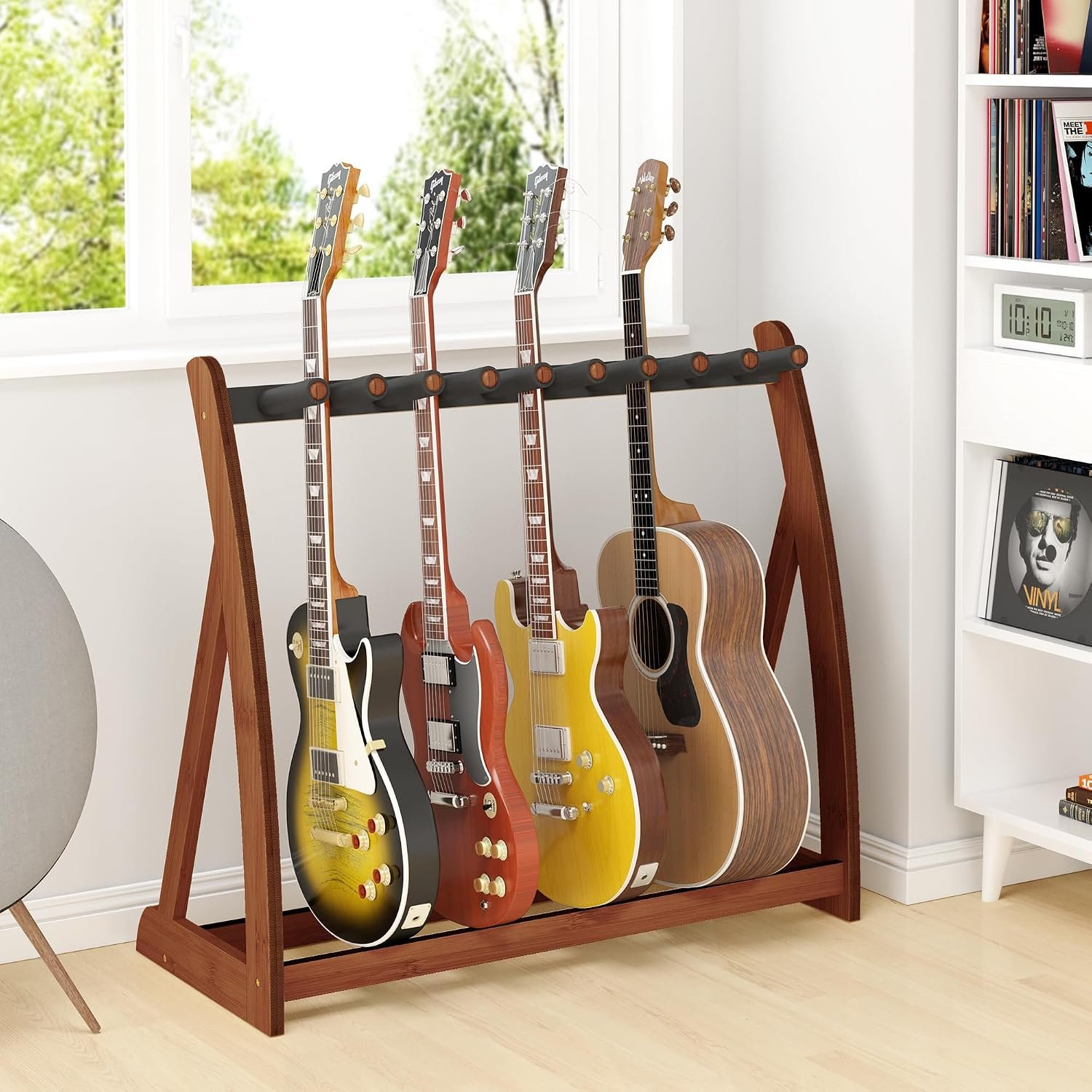 Wisuce bamboo multi-guitar stand in walnut finish holding electric and acoustic guitars