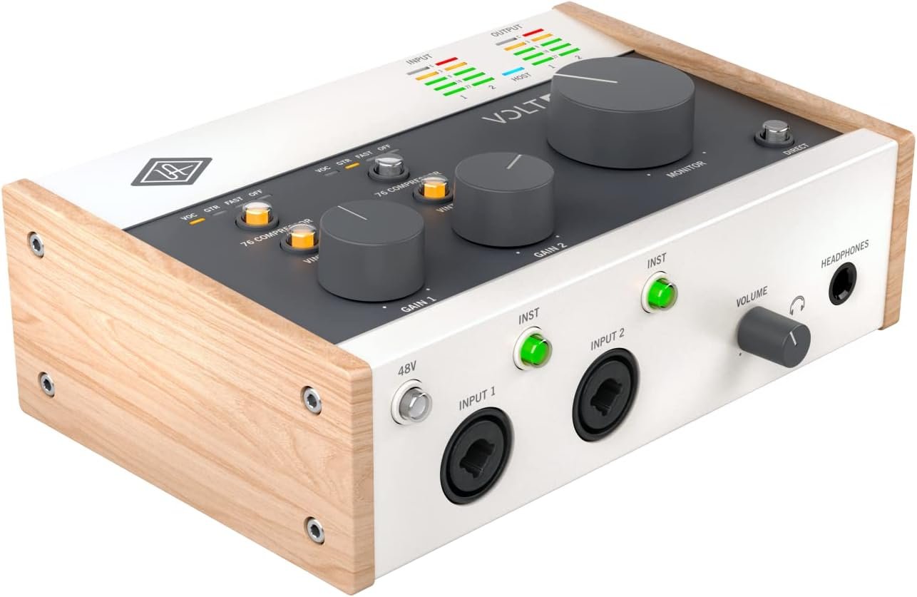Universal Audio Volt 276 USB audio interface with silver metal housing, wooden side panels and recording controls