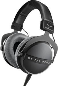 beyerdynamic DT 770 PRO X studio headphones with black closed-back earcups, grey velour ear pads and padded headband