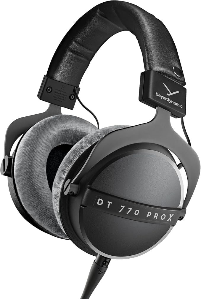 beyerdynamic DT 770 PRO X studio headphones with black closed-back earcups, grey velour ear pads and padded headband