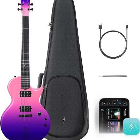 Enya Nova Go Smart Electric Guitar Carbon Fibre Electric Guitar with 10W Wireless Speaker, Built-in Presets, Charging Cable, Adjustment Key and Gig Bag, Cosmic Purple